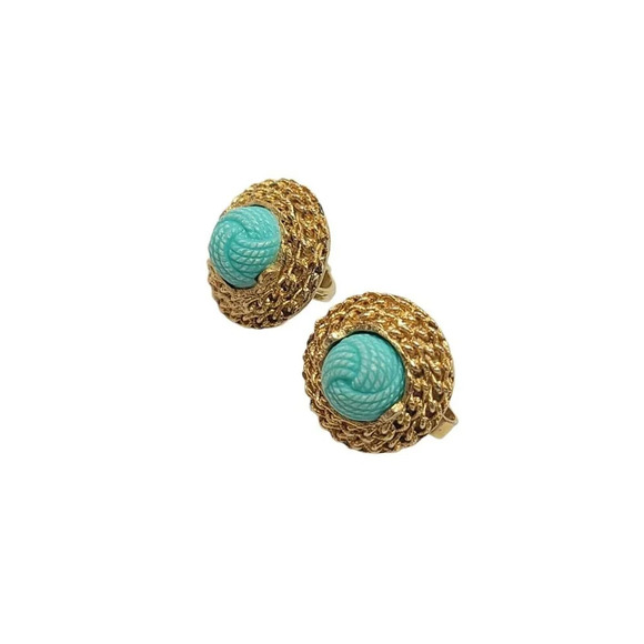 TRIFARI Turquoise Knot Rope Twist Vintage Earrings Gold Tone Acrylic 1950s - Picture 2 of 4